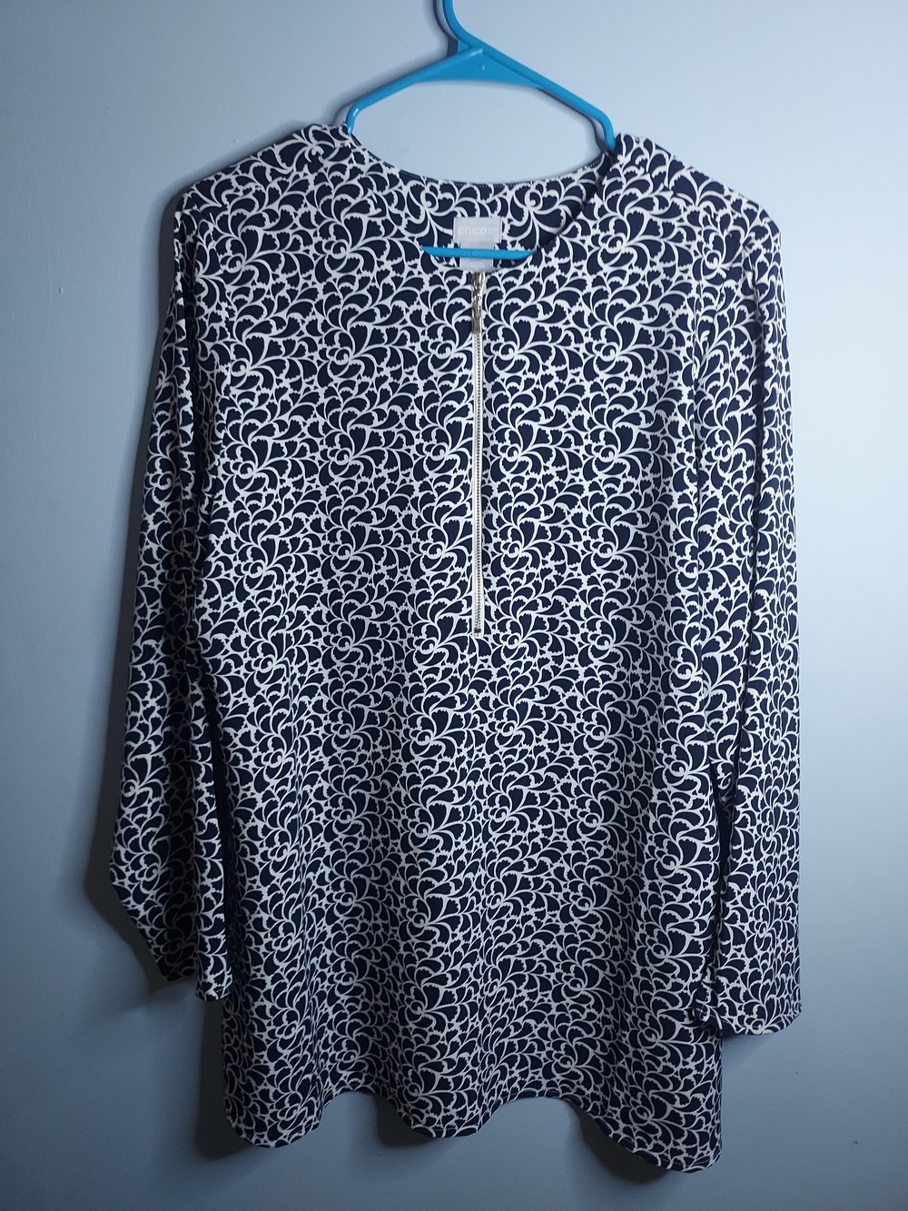 Chico's Navy & White Floral-Print Long Sleeve Top